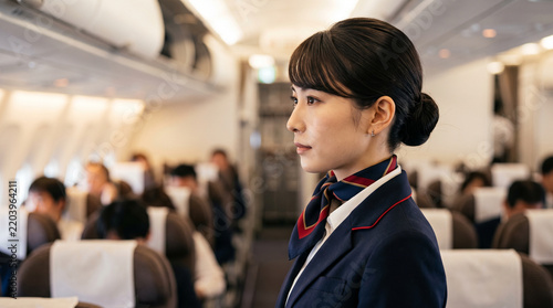 Obraz na płótnie 客室乗務員の日本人女性のポートレート（真剣な横顔・職場背景）