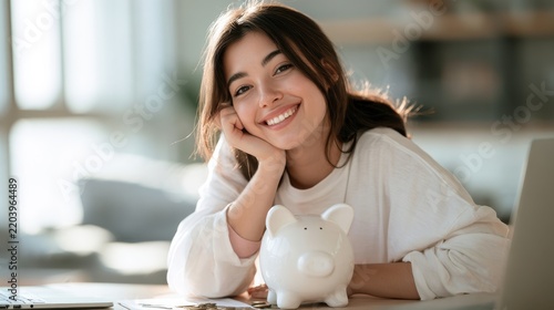 Young woman smiling while sitting at a table with a piggy bank, representing saving money and financial planning in a cozy indoor environment