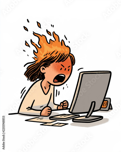 Fuming at the Screen: An animated illustration depicts a frustrated woman with flames erupting from her head and steam blowing from her ears as she glares intensely at her computer screen.