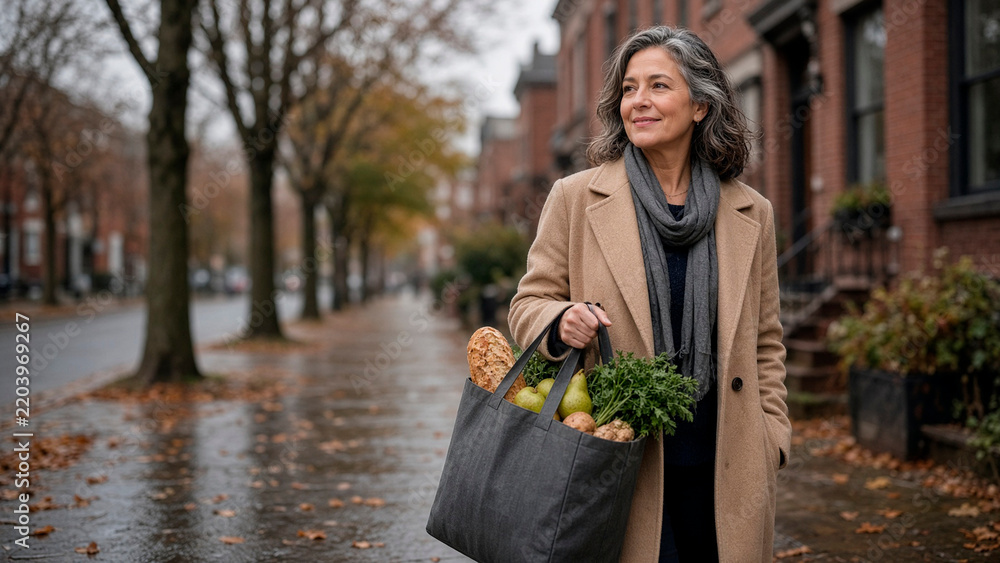 Fototapeta premium Mature Woman Returning from Late Autumn Grocery Run with Reusable Bag