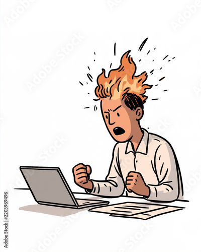 Furious Office Worker: An enraged office worker sits at a desk, his hair aflame as he clenches his fists in frustration.