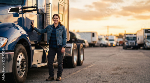 professional portrait of confident woman truck driver in casual clothes standing before transport truck at golden hour cinematic transport industry photography with copy space