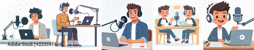 Podcast Host Men Interview In Broadcasting Studio Illustration Set