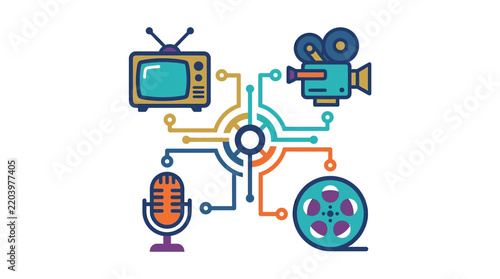 Vector illustration of audiovisual media equipment connected in a network for digital media production