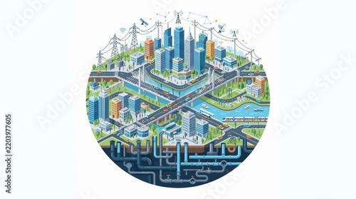 Urban infrastructure vector icon depicting cityscape with roads bridges power lines and water pipes isolated on transparent background