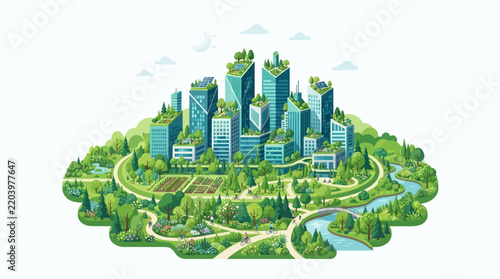 Modern city skyline vector icon depicting urban buildings surrounded by parks and green spaces with natural elements