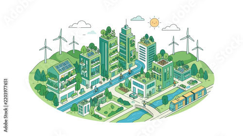 Eco-friendly city vector icon depicting sustainable urban environment with green buildings wind turbines and solar panels