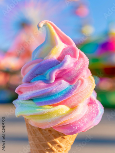 Rainbow Swirl Soft Serve Ice Cream Cone at Carnival Fairground
