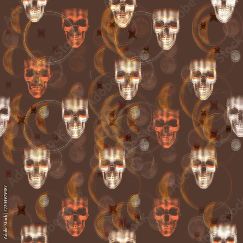 Golden glowing human skulls grid pattern dark brown background poster art