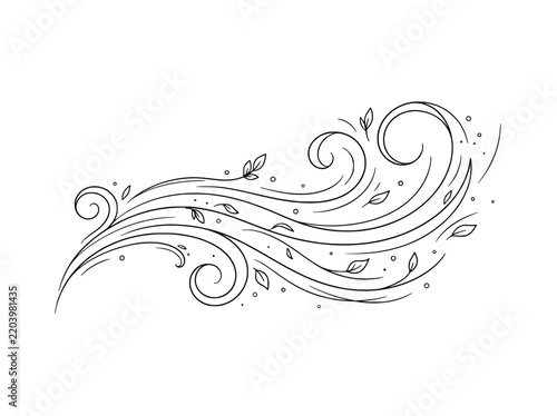 Minimalist wind gust line art vector, hand drawn swirling breeze with flying leaves, elegant black and white air flow motion illustration