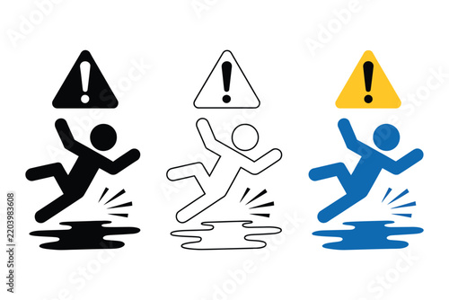Slippery surface warning icon set featuring wet floor safety symbols in black outline and color versions for caution, hazard prevention, workplace safety, and warning signage.