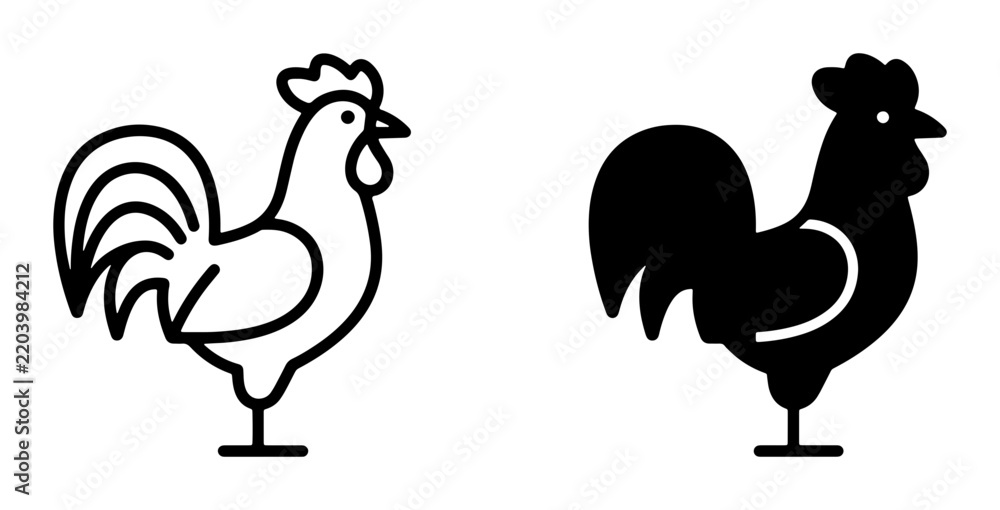 Obraz premium Rooster Icons: Simple Outline and Bold Silhouette Vector Graphics, Farm Animal Symbols for Rural Themes, Poultry and Livestock Design Elements