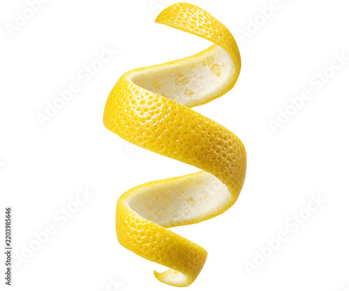 Fresh yellow lemon peel spiral isolated on transparent