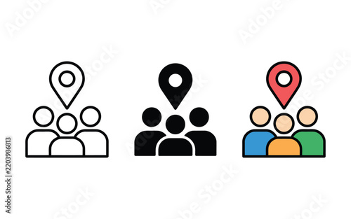 Social participation icon featuring abstract human figures in a shared space, representing local community engagement, civic interaction, cooperation, and collective involvement.