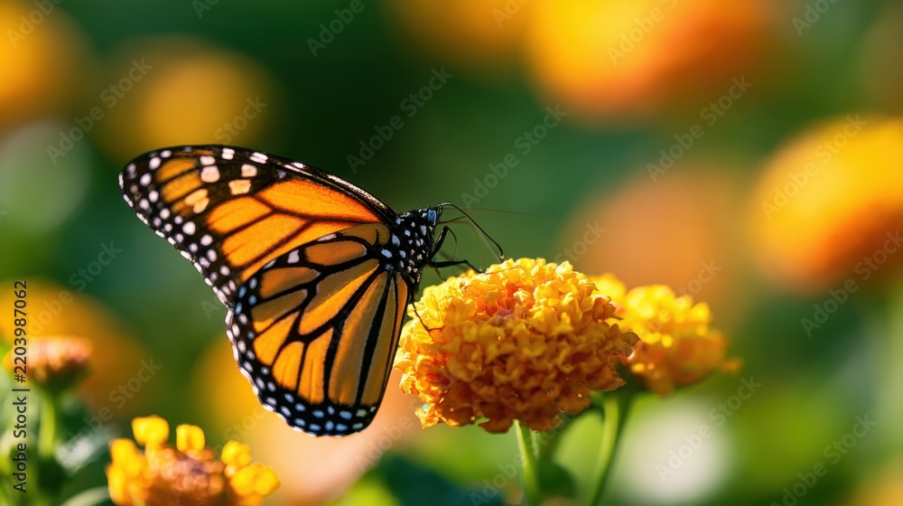 Obraz premium Close-up of vibrant orange and black butterfly perched on bright yellow flower collecting nectar in natural garden setting with blurred background