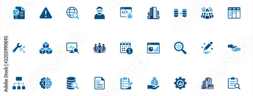 Business and IT security solid icon set. Featuring financial report, database search, hacker threat, and AI brain. Vector icons for corporate boardroom, financial planning, and network monitoring.