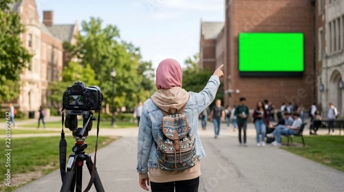 Muslim college student vlogger recording video on university campus