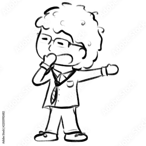 Tired worker with loose tie yawning cartoon outline illustration