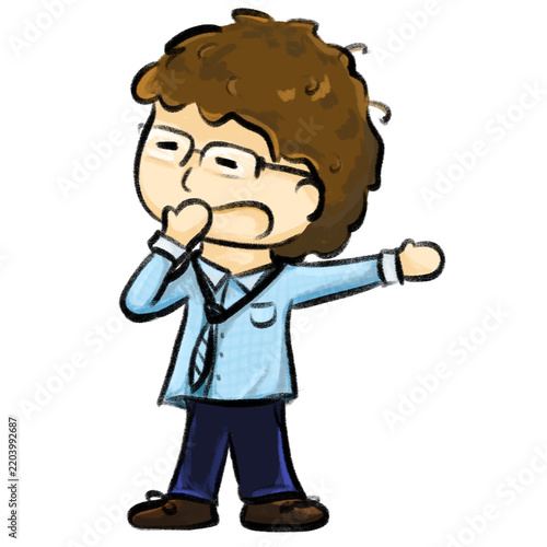 Tired worker with loose tie yawning cartoon illustration
