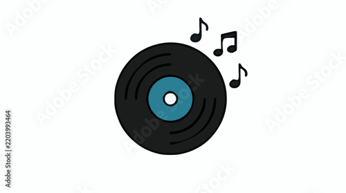 Classic vinyl record disc with floating black music notes