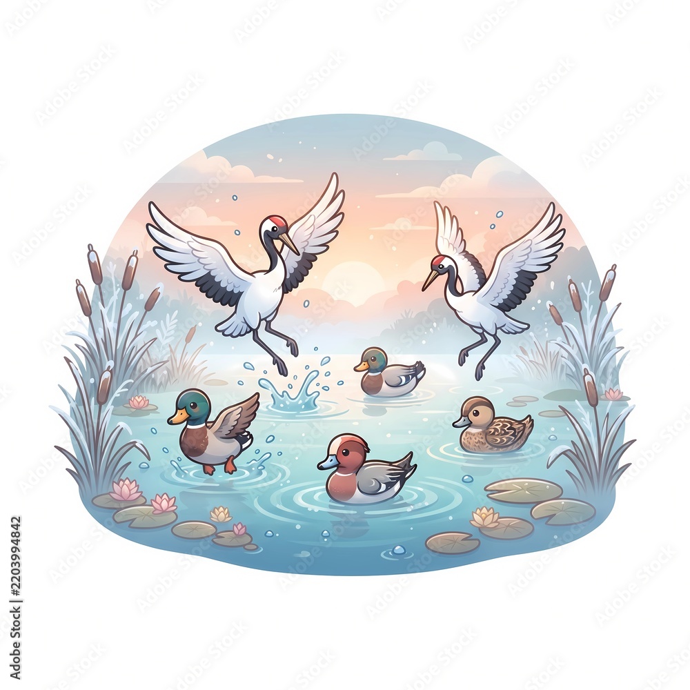 Obraz premium Migratory Birds Landing on Lake Vector Illustration: Cute Cartoon Graphic of Cranes and Ducks in Wetland with Reeds and Water Lilies Isolated on White Background generative ai