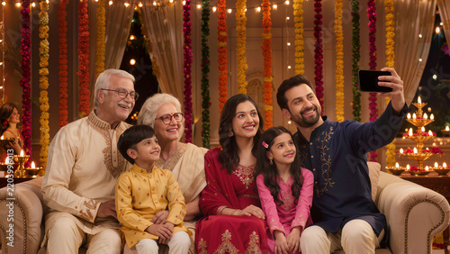 Happy multi-generation Indian family taking selfie together during Diwali festival celebration