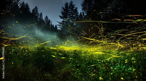 Fireflies swarming in a forest at night