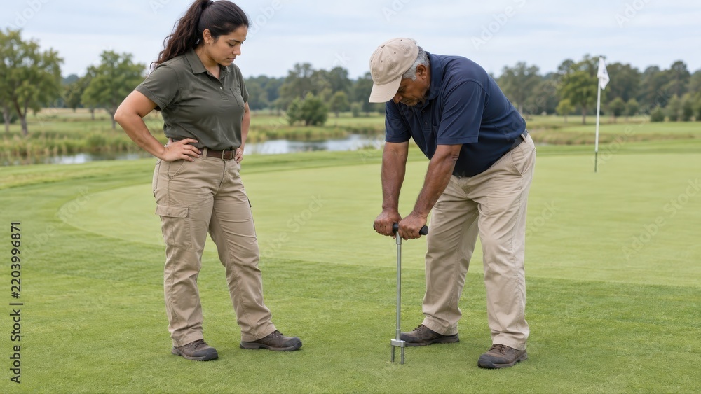 Obraz premium A golf maintenance trainer demonstrates placing a handled moisture probe into turf while an apprentice observes the technique on a practice green