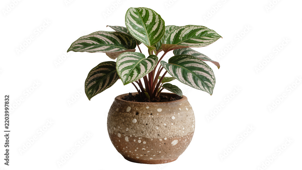 Obraz premium Green and white striped Calathea plant in a speckled ceramic pot, isolated on transparent background
