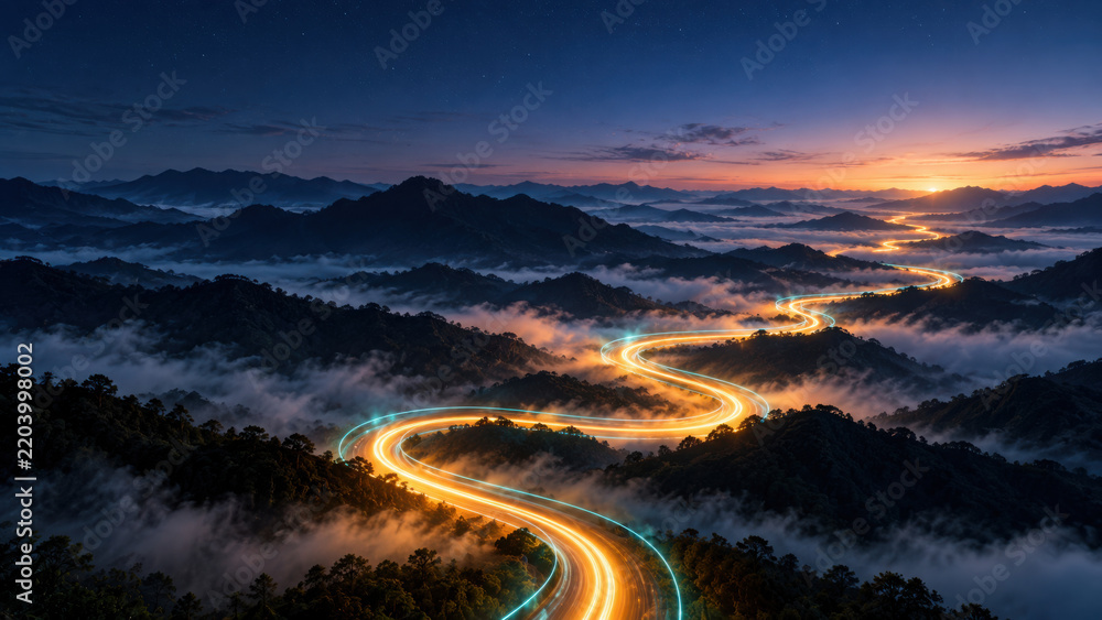 Fototapeta premium Winding road with glowing lights cuts through misty mountains at sunset, symbolizing ai governance and guardrails guiding progress safely