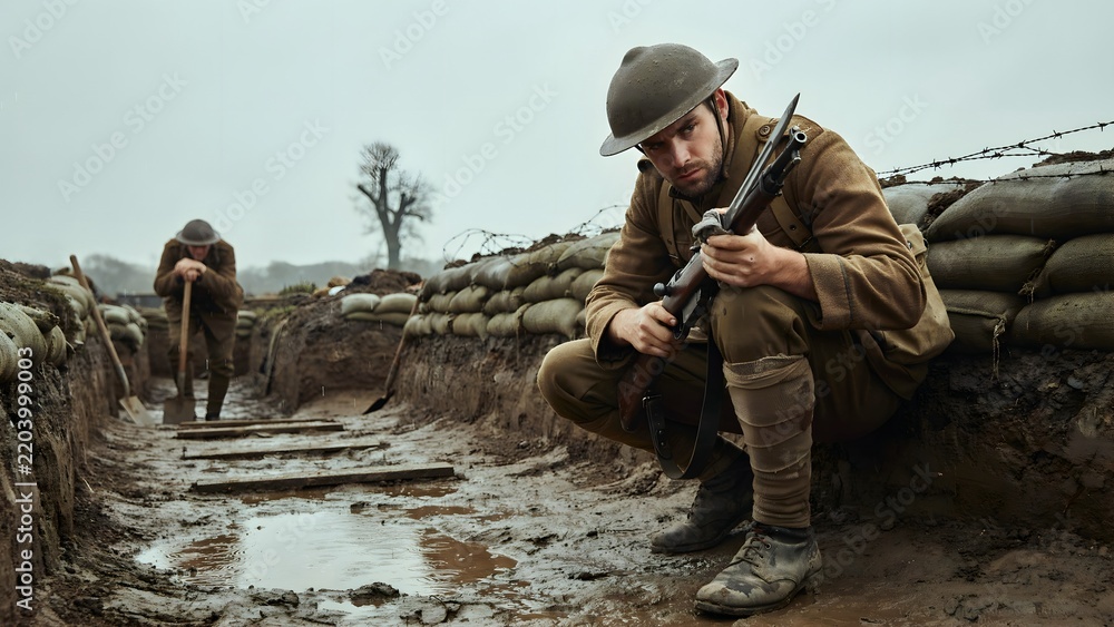 Obraz premium Soldier in World War I trenches holding rifle and preparing for combat