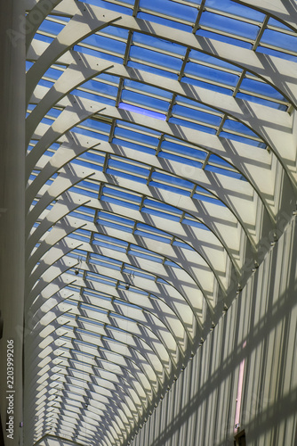 Dynamic white arched ribs frame blue-tinted glass panels in rhythmic pattern; interplay of light and shadow creates sleek, futuristic mood