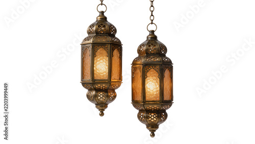 Two ornate brass Moroccan lanterns with amber glass panels illuminated, isolated on transparent background