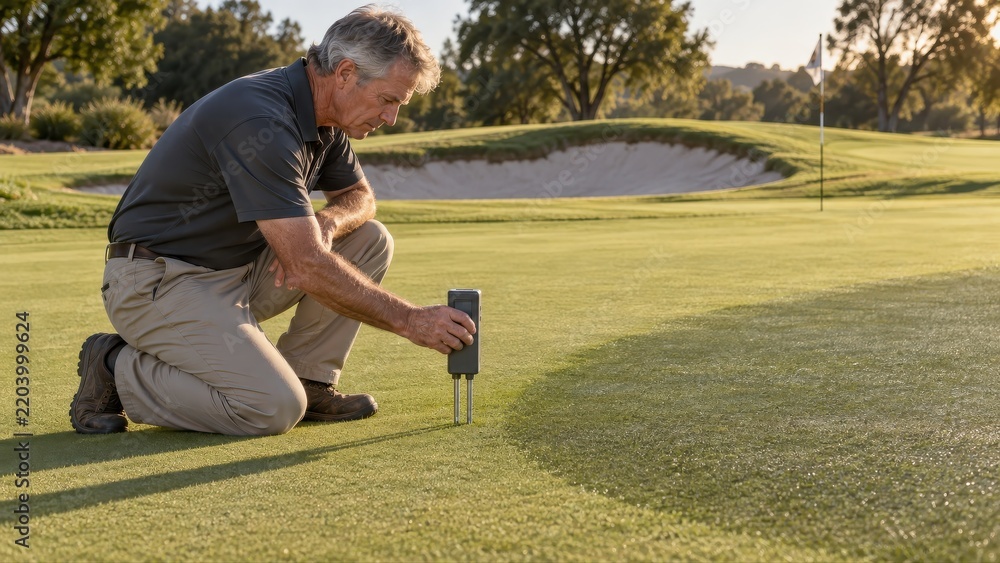 Fototapeta premium A golf technician samples soil beside a darker watered patch on a putting green to compare local turf conditions before adjusting irrigation