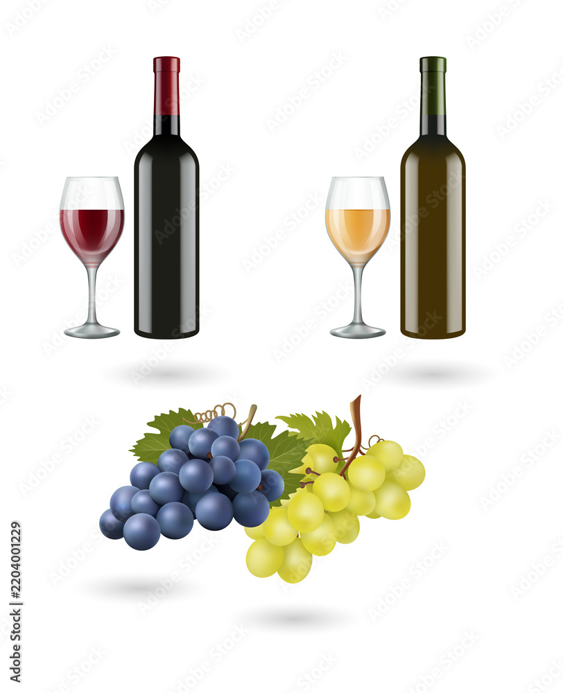 Obraz premium Wine and grapes illustration with bottles and glasses on transparent background