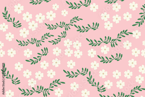 Pink Floral Pattern Background with White Flowers and Green Leaves
