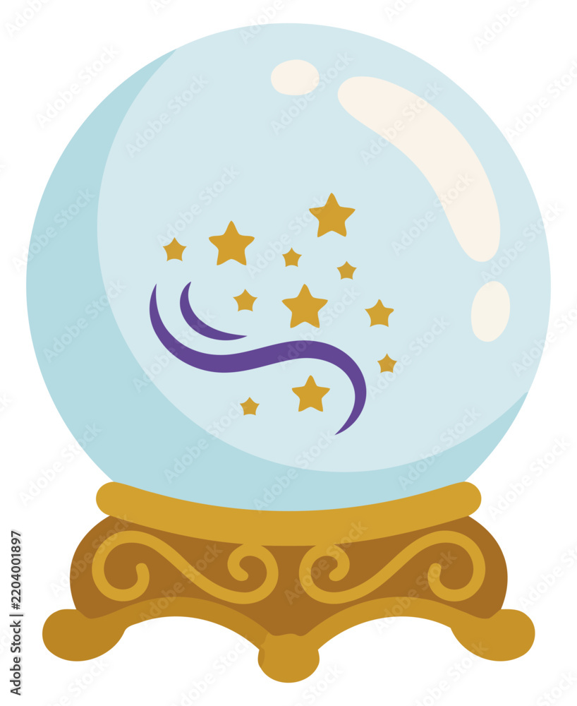 Fototapeta premium Magic crystal ball on an ornate golden stand with floating stars and purple energy swirls