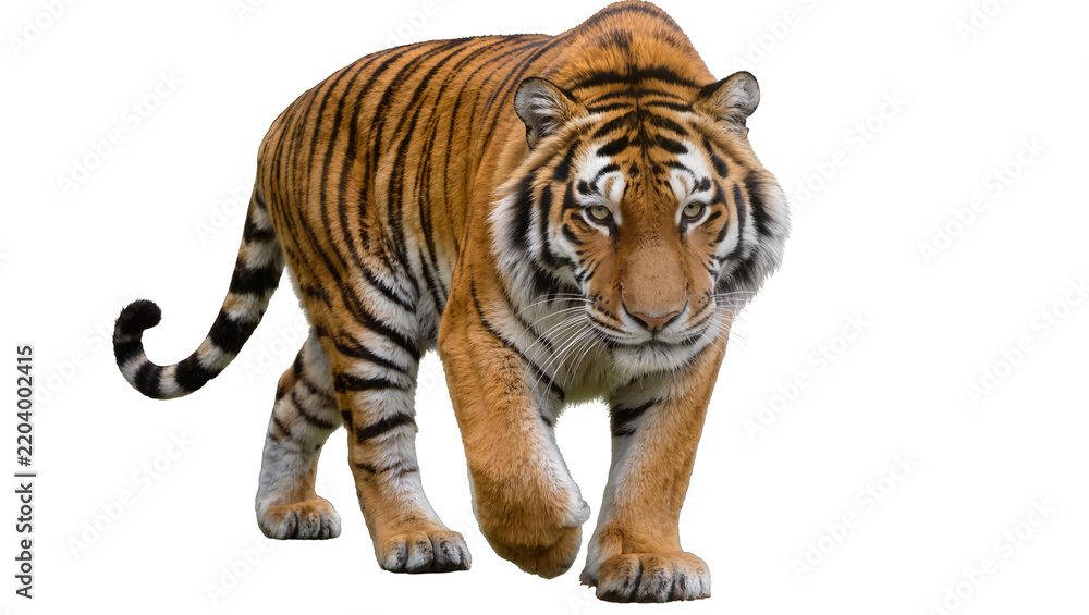 Obraz premium Majestic Bengal tiger with orange and black stripes, isolated on transparent background