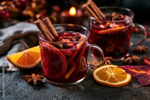 Cozy autumn mulled wine with orange slices and spices on table