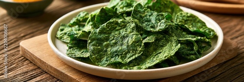 Crispy green spinach chips healthy snack on white plate wooden table