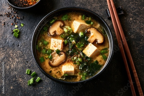 Japanese miso soup with tofu mushrooms green onions black stone top view
