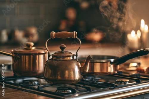Cozy Holiday Kitchen With Copper Kettle And Pots On Stove