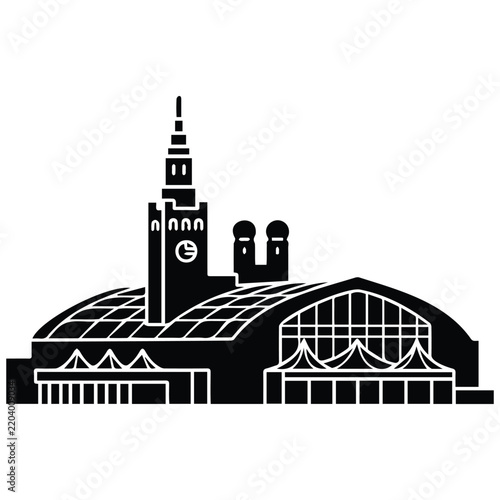 Hamburg city landmark skyline silhouette vector illustration featuring central station building.