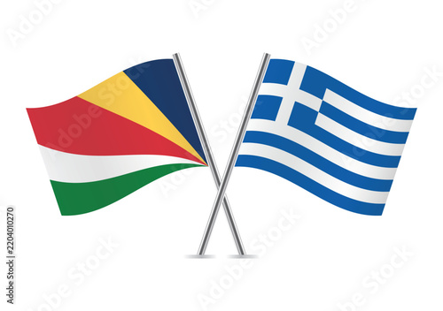 Seychelles and Greece crossed flags on a white background. Vector illustration.