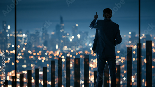 A business professional stands in front of a large window, overlooking a city skyline adorned with bright lights. The scene captures ambition, success, and the pulse of urban life.