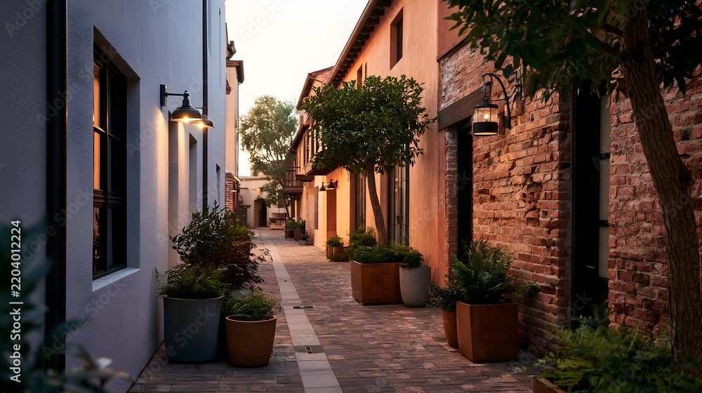 Obraz premium A charming narrow alleyway lined with brick and stucco buildings potted plants and warm outdoor lighting at dusk