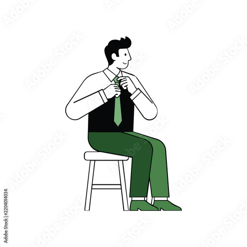 Man adjusting tie while sitting on stool illustration