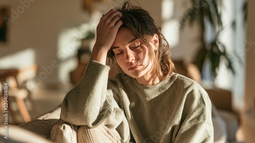 Iron deficiency signs. Young woman experiencing dizziness and discomfort while sitting on a sofa in a relaxed indoor setting.