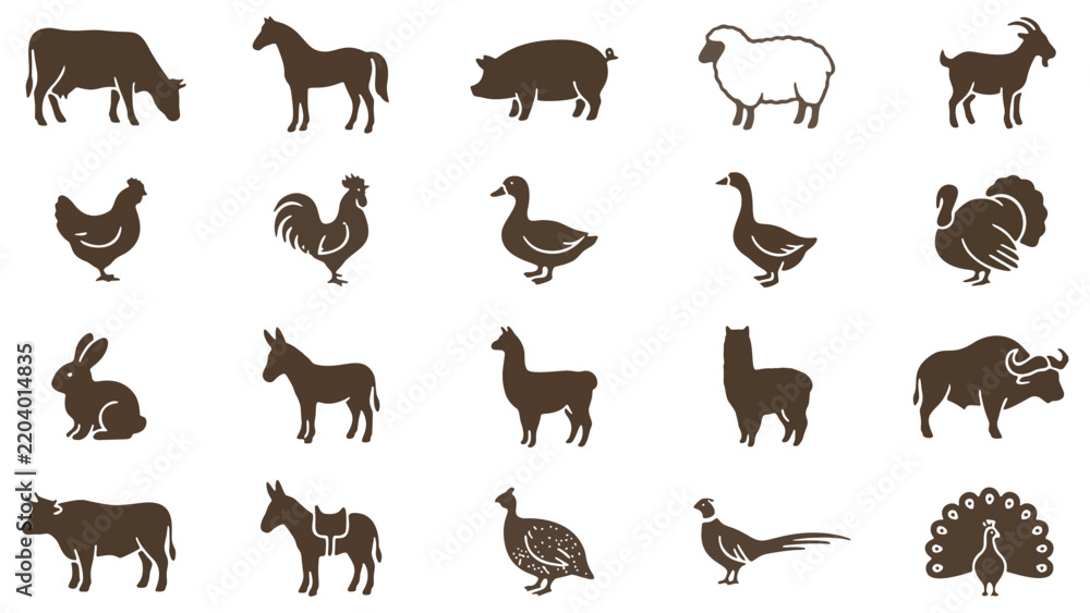 Obraz premium Farm animals vector icon set featuring silhouette illustrations of various livestock species and domestic creatures