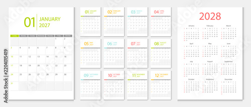 alendar 2027, calendar 2028 week start Sunday corporate design template vector.